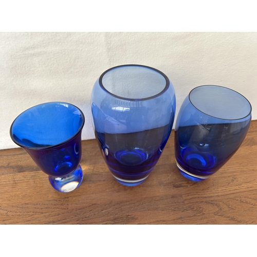 211 - x3 Hand Blown Art Vases ,Cobalt Blue with Statement Clear Base