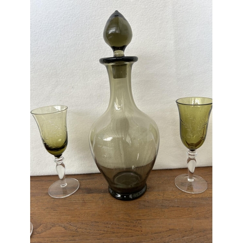 220 - Set of 'Lene Bjerre' Scandinavian Smoky Green Glass Decanter and 6 Glasses