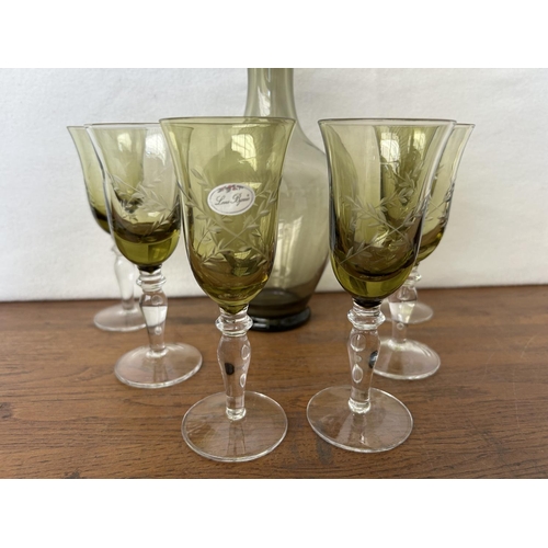 220 - Set of 'Lene Bjerre' Scandinavian Smoky Green Glass Decanter and 6 Glasses