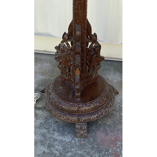 123 - Antique 1920's Hand Carved Hardwood Oriental Floor Lamp (180cm H. - Some Wear Due to Age)