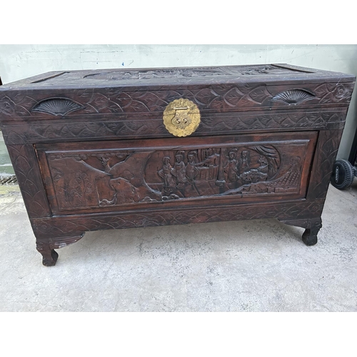 133 - Antique Chinese Carved Wood Trunk (101 W. x 52 D. x 63cm H.)