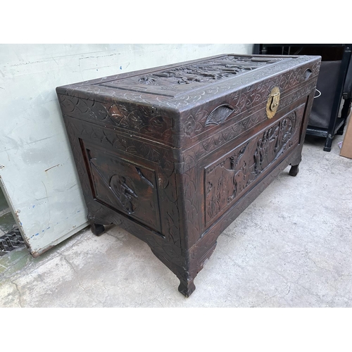 133 - Antique Chinese Carved Wood Trunk (101 W. x 52 D. x 63cm H.)