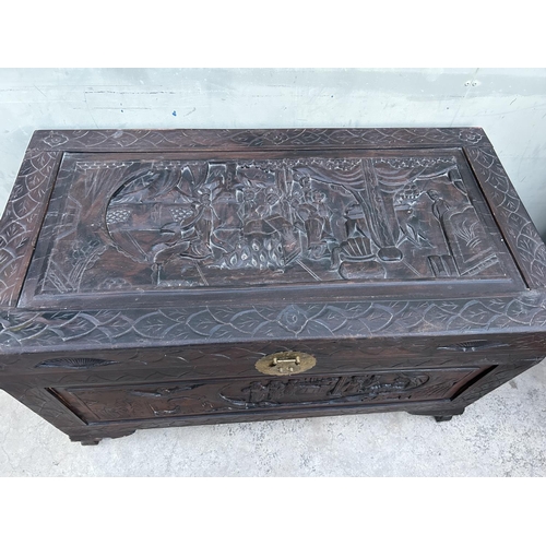 133 - Antique Chinese Carved Wood Trunk (101 W. x 52 D. x 63cm H.)