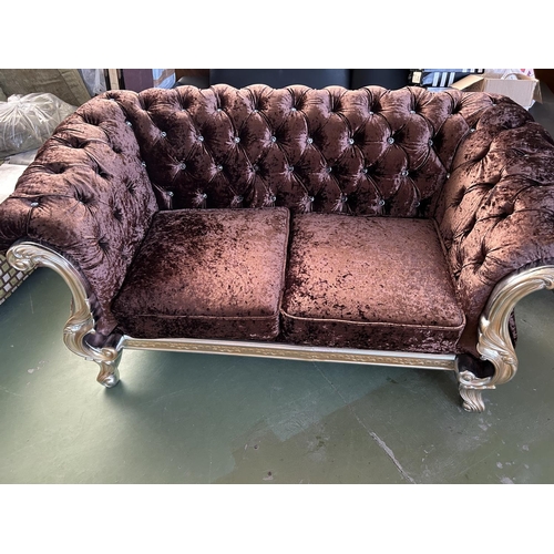 267 - Baroque Style 2-Seat Sofa in Brown Crushed Velvet in Silver Finish Frame with Crystal Buttons