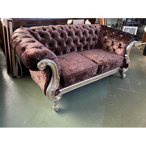 267 - Baroque Style 2-Seat Sofa in Brown Crushed Velvet in Silver Finish Frame with Crystal Buttons