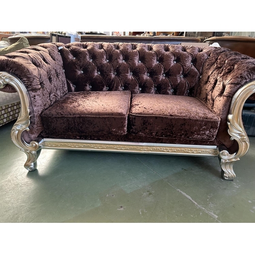 267 - Baroque Style 2-Seat Sofa in Brown Crushed Velvet in Silver Finish Frame with Crystal Buttons