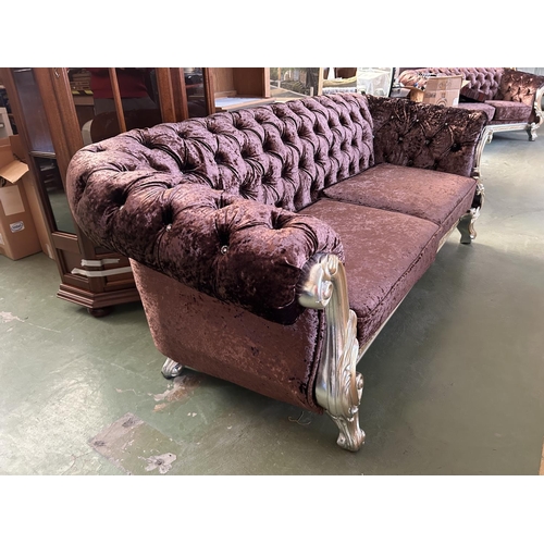 268 - Baroque Style 3-Seat Sofa in Brown Crushed Velvet in Silver Finish Frame with Crystal Buttons