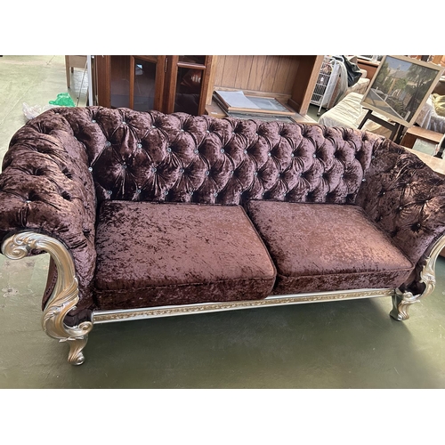 268 - Baroque Style 3-Seat Sofa in Brown Crushed Velvet in Silver Finish Frame with Crystal Buttons