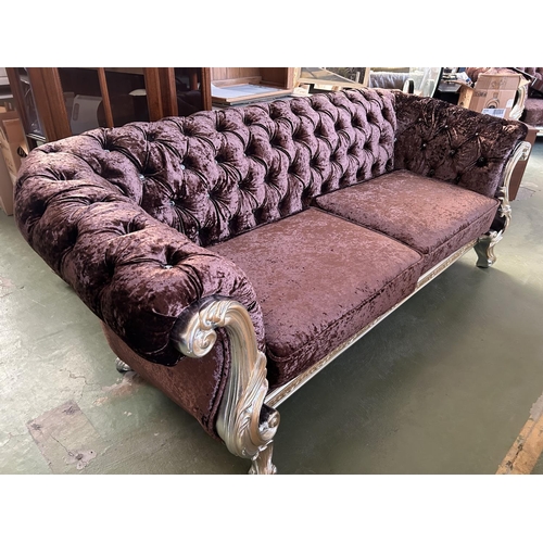 268 - Baroque Style 3-Seat Sofa in Brown Crushed Velvet in Silver Finish Frame with Crystal Buttons