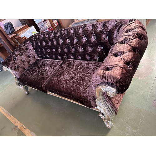 268 - Baroque Style 3-Seat Sofa in Brown Crushed Velvet in Silver Finish Frame with Crystal Buttons