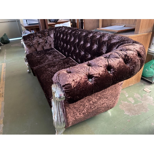 268 - Baroque Style 3-Seat Sofa in Brown Crushed Velvet in Silver Finish Frame with Crystal Buttons