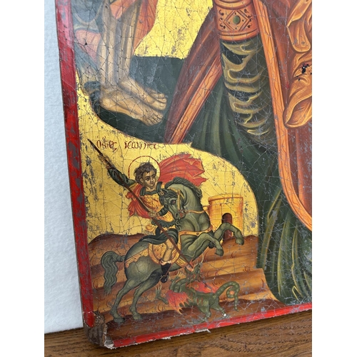 293 - Large Antique 1850's Icon of Jesus, Mary and Others on Heavy Wood (48 x 62cm)