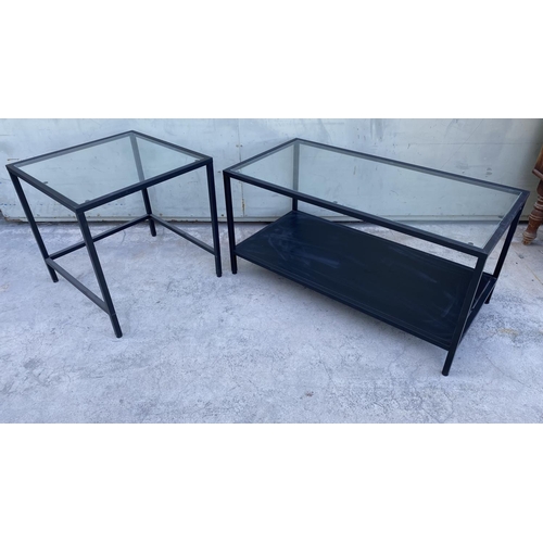 258 - Metal Glass Top Coffee & Side Tables (90 W. x 15cm, 50 x 50cm)