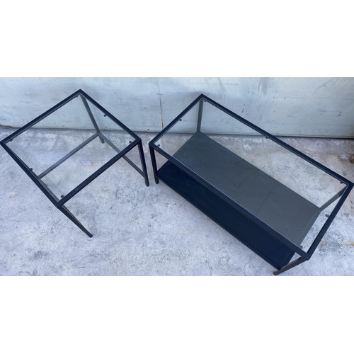 258 - Metal Glass Top Coffee & Side Tables (90 W. x 15cm, 50 x 50cm)