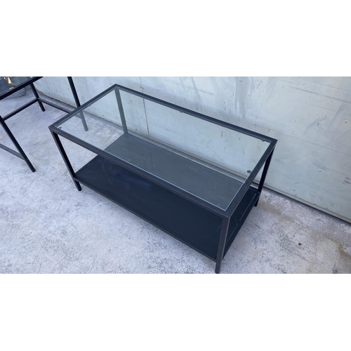 258 - Metal Glass Top Coffee & Side Tables (90 W. x 15cm, 50 x 50cm)