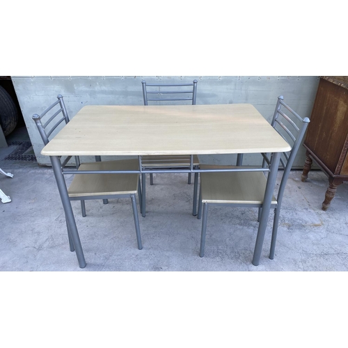 260 - Metal Wood Top Dining Table with 3 Metal Chairs with Wooden Seat