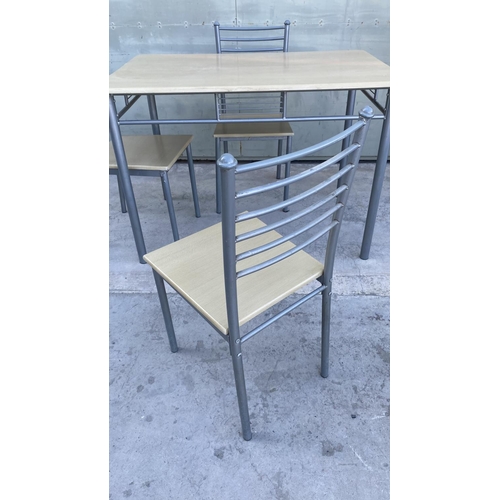 260 - Metal Wood Top Dining Table with 3 Metal Chairs with Wooden Seat