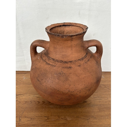 125 - Antique Cyprus Double Handle Clay Pottery Jug