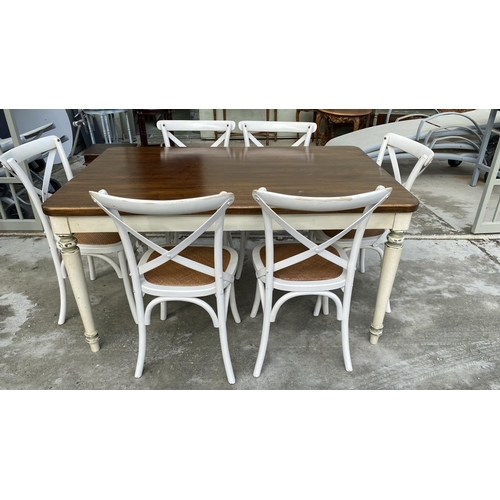 2 - Country Style Dining Room Rectangular Table and x6 Biscottini Wooden White Crossback Chairs with Rat... 