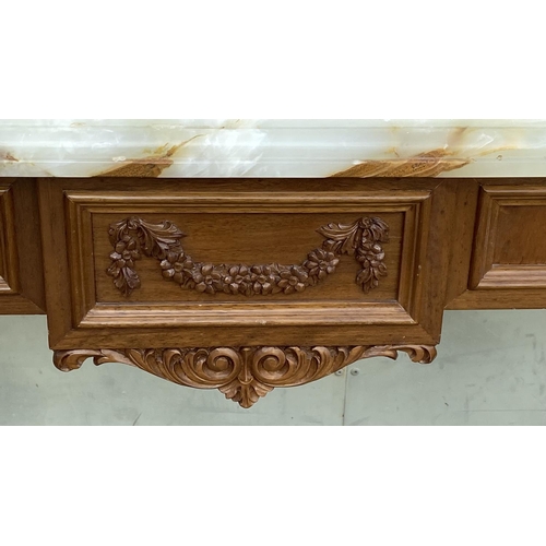 25 - Vintage, Crafted in 1977 Onyx Top Walnut Console/Entrance Table with Carvings (100 W. x 37 D. x 86cm... 