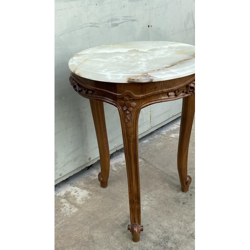 26 - Vintage, Crafted in 1977, Onyx Top Walnut 3-Legged Round Side Table