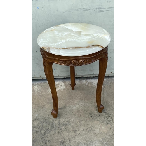 26 - Vintage, Crafted in 1977, Onyx Top Walnut 3-Legged Round Side Table