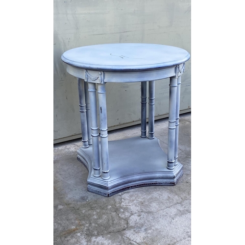 29 - Vintage Custom Made Solid Walnut Circular Side Table in Baby Blue color with Carvings Around the Edg... 