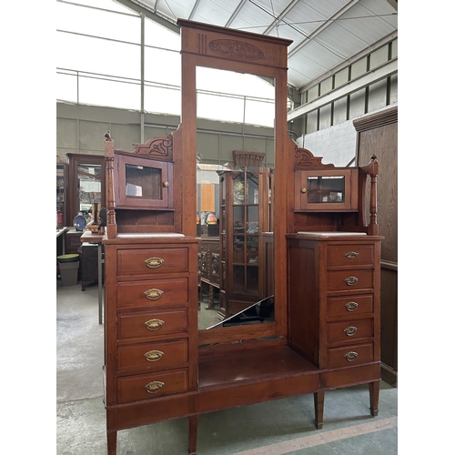 33 - Antique Art Nouveau Dressing Table with Full Length Center Mirror and x2 Corner Cupboards, x Twin Pe... 