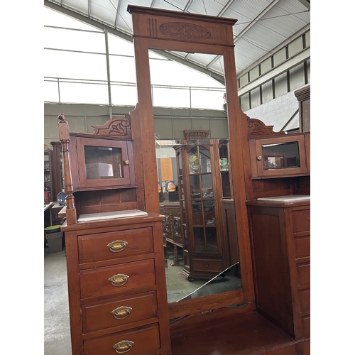 33 - Antique Art Nouveau Dressing Table with Full Length Center Mirror and x2 Corner Cupboards, x Twin Pe... 