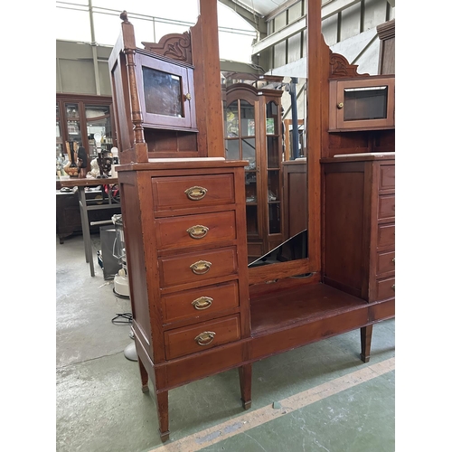 33 - Antique Art Nouveau Dressing Table with Full Length Center Mirror and x2 Corner Cupboards, x Twin Pe... 