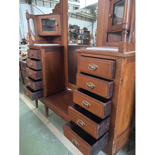 33 - Antique Art Nouveau Dressing Table with Full Length Center Mirror and x2 Corner Cupboards, x Twin Pe... 