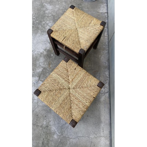 131 - x2 Vintage Woven Square Stools with Carvings