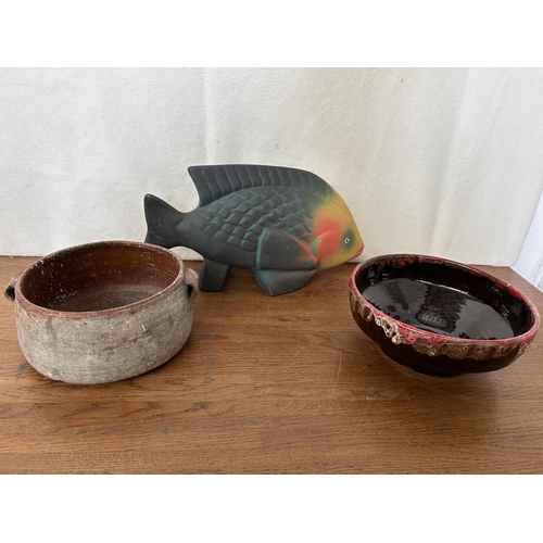 671 - x3 Cyprus Pottery Incl. Fish Figure