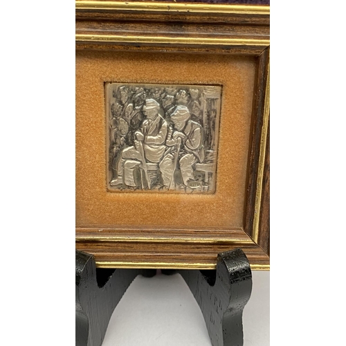 127 - Miniature ( 8x8cm) Framed Silver 925 Wall Art with Stand of 2 Men Sitting on Bench Made in Italy