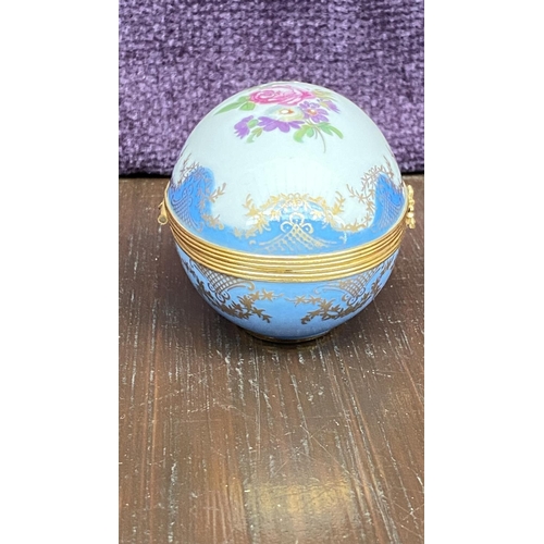 3 - Limoges Castel France Large Egg-Shaped Blue Floral Trinket Box