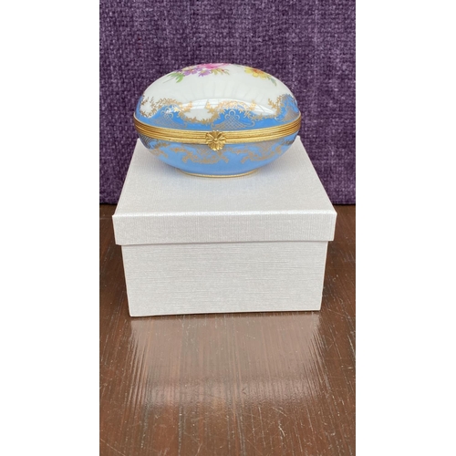 3 - Limoges Castel France Large Egg-Shaped Blue Floral Trinket Box