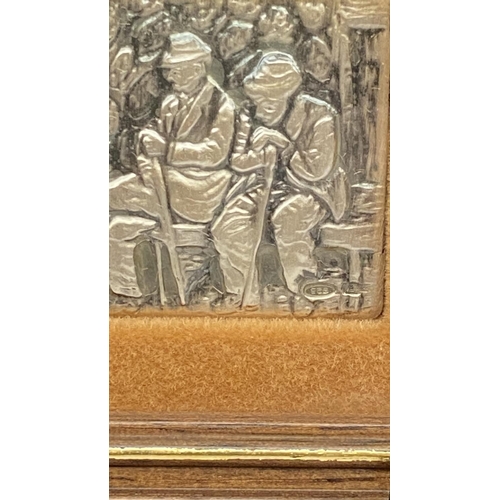 127 - Miniature ( 8x8cm) Framed Silver 925 Wall Art with Stand of 2 Men Sitting on Bench Made in Italy