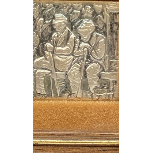 127 - Miniature ( 8x8cm) Framed Silver 925 Wall Art with Stand of 2 Men Sitting on Bench Made in Italy