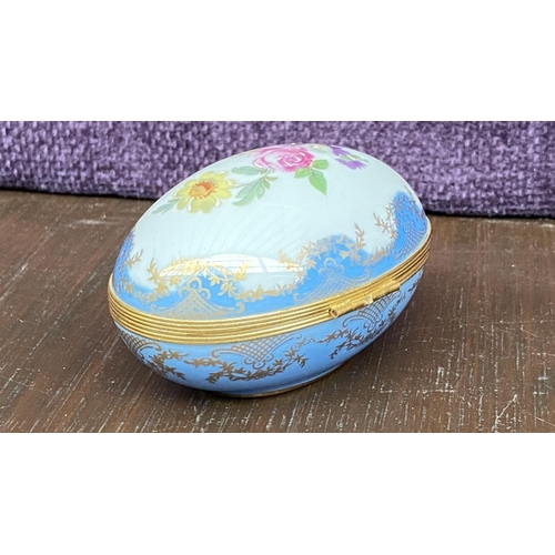 3 - Limoges Castel France Large Egg-Shaped Blue Floral Trinket Box