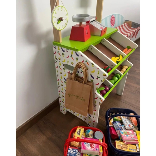 269 - Janod Wooden Green Market Playset Incl. Extra Supermarket Accessories and Wooden Tea Set