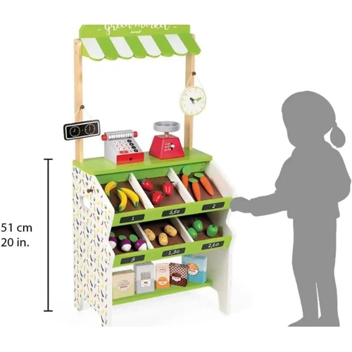 269 - Janod Wooden Green Market Playset Incl. Extra Supermarket Accessories and Wooden Tea Set