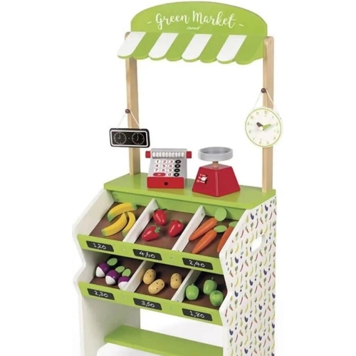 269 - Janod Wooden Green Market Playset Incl. Extra Supermarket Accessories and Wooden Tea Set