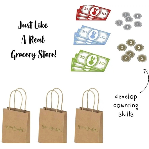 269 - Janod Wooden Green Market Playset Incl. Extra Supermarket Accessories and Wooden Tea Set