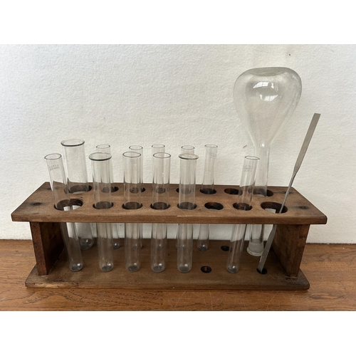 281 - Vintage Laboratory Glass Tubes on Wooden Base