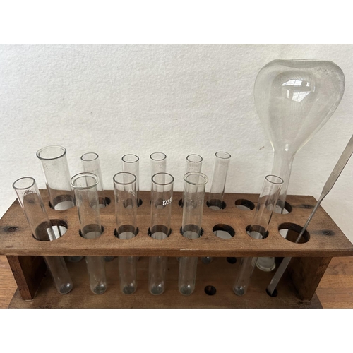 281 - Vintage Laboratory Glass Tubes on Wooden Base