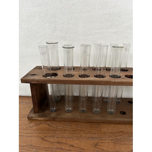 281 - Vintage Laboratory Glass Tubes on Wooden Base