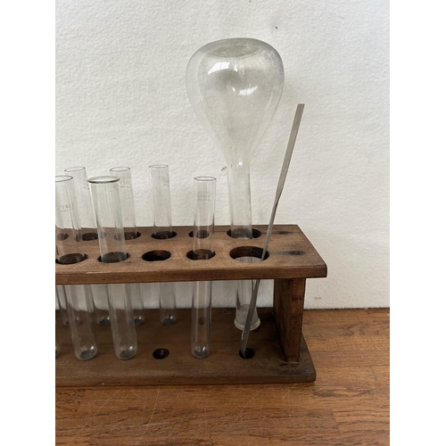 281 - Vintage Laboratory Glass Tubes on Wooden Base