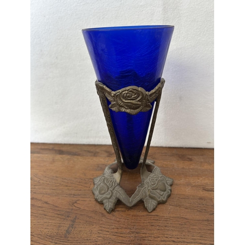 313 - Vintage Blue Vase on Bronze Stand