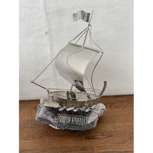 35 - Silver Model of Kyrenia Sailing Ship on Amethyst Base