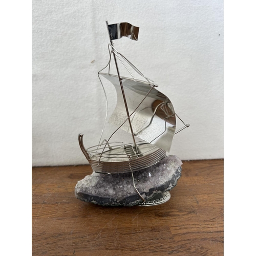 35 - Silver Model of Kyrenia Sailing Ship on Amethyst Base